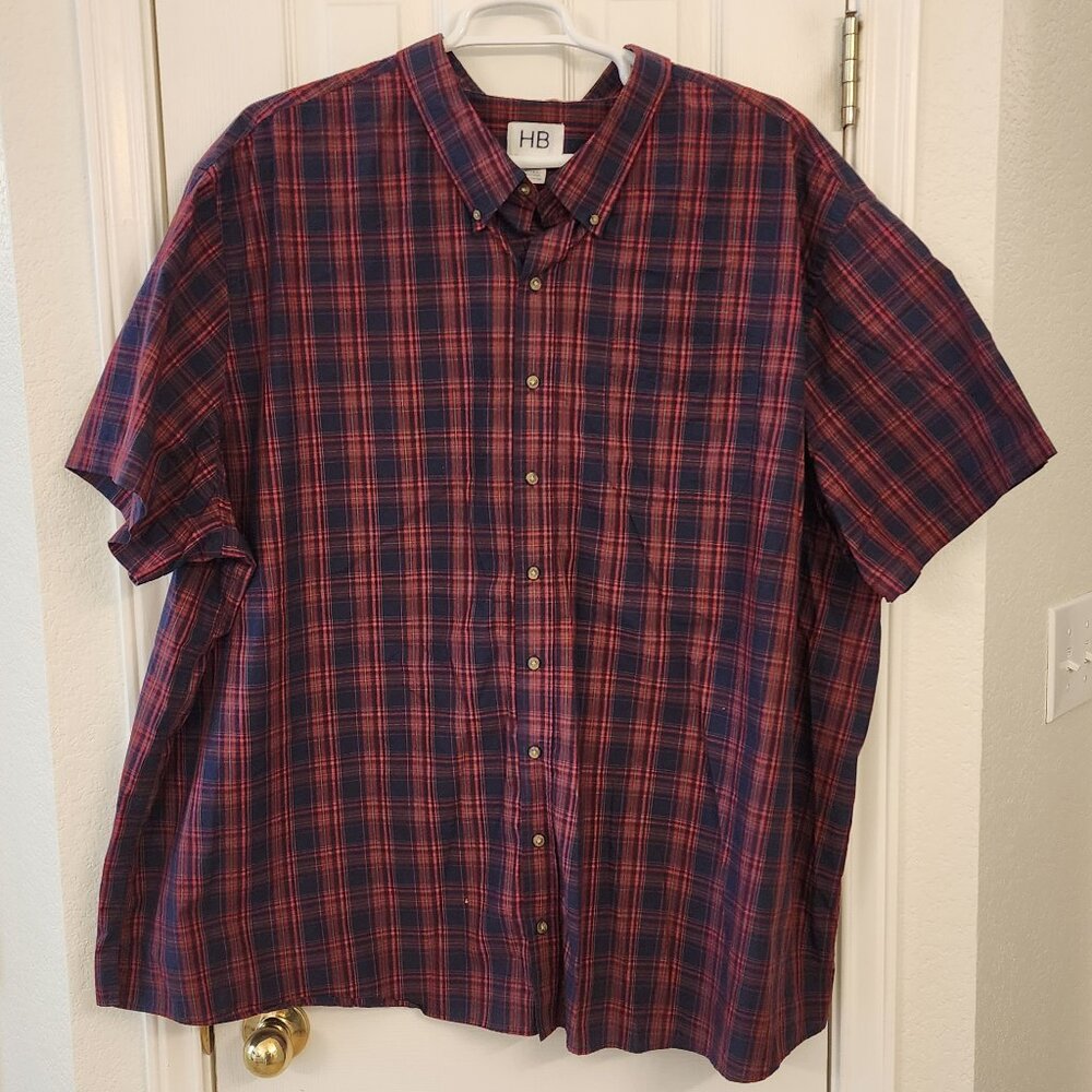 HB Red & Navy Plaid Button-Up Shirt – Size 5XL – 60/40 Cotton Blend